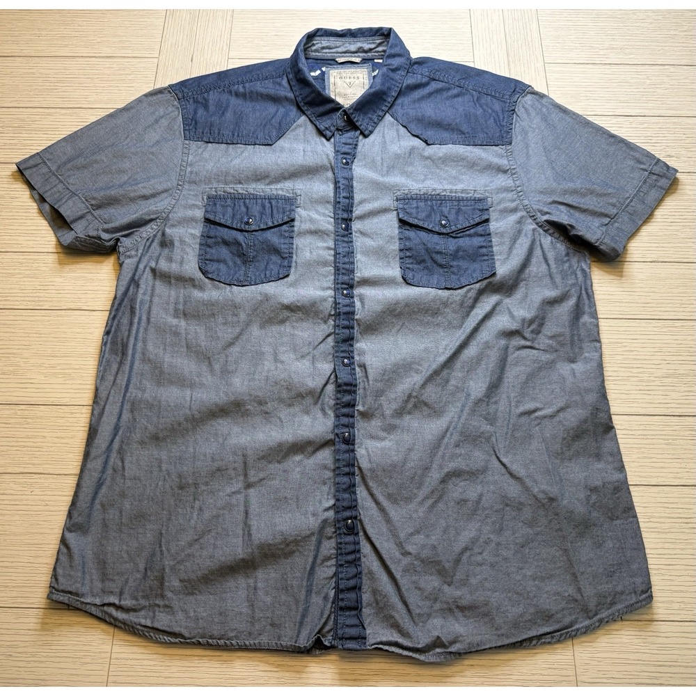 Guess Men's XXL Denim Pearl Snap Western‎ W Pockets Short Sleeve Button Up Shirt